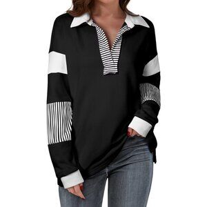 Women Oversized Sweatshirts Color Block Long Sleeve Loose V Neck Fall Outfits
